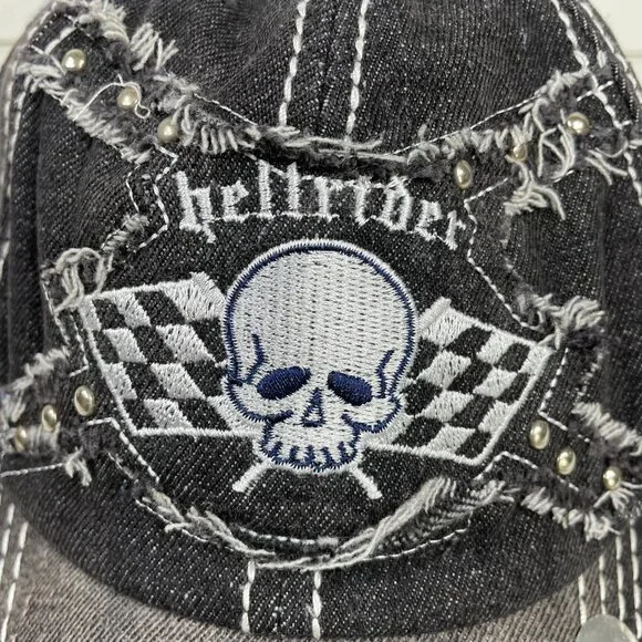 Aslan Black Distressed Embroidered “Hellrider” Scull Adjustable Baseball Hat - Picture 2 of 10